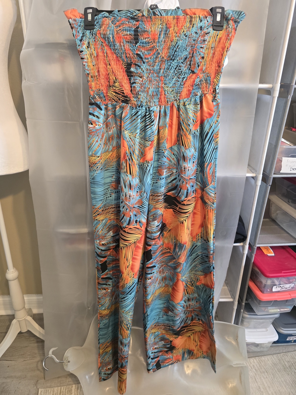 Source Unknown Tropical Print Strapless Jumpsuit in Teal and Orange